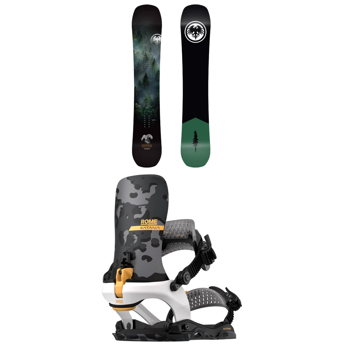 Never Summer Trooper Snowboard + Rome Katana AW FASE LTD Snowboard Bindings 2027