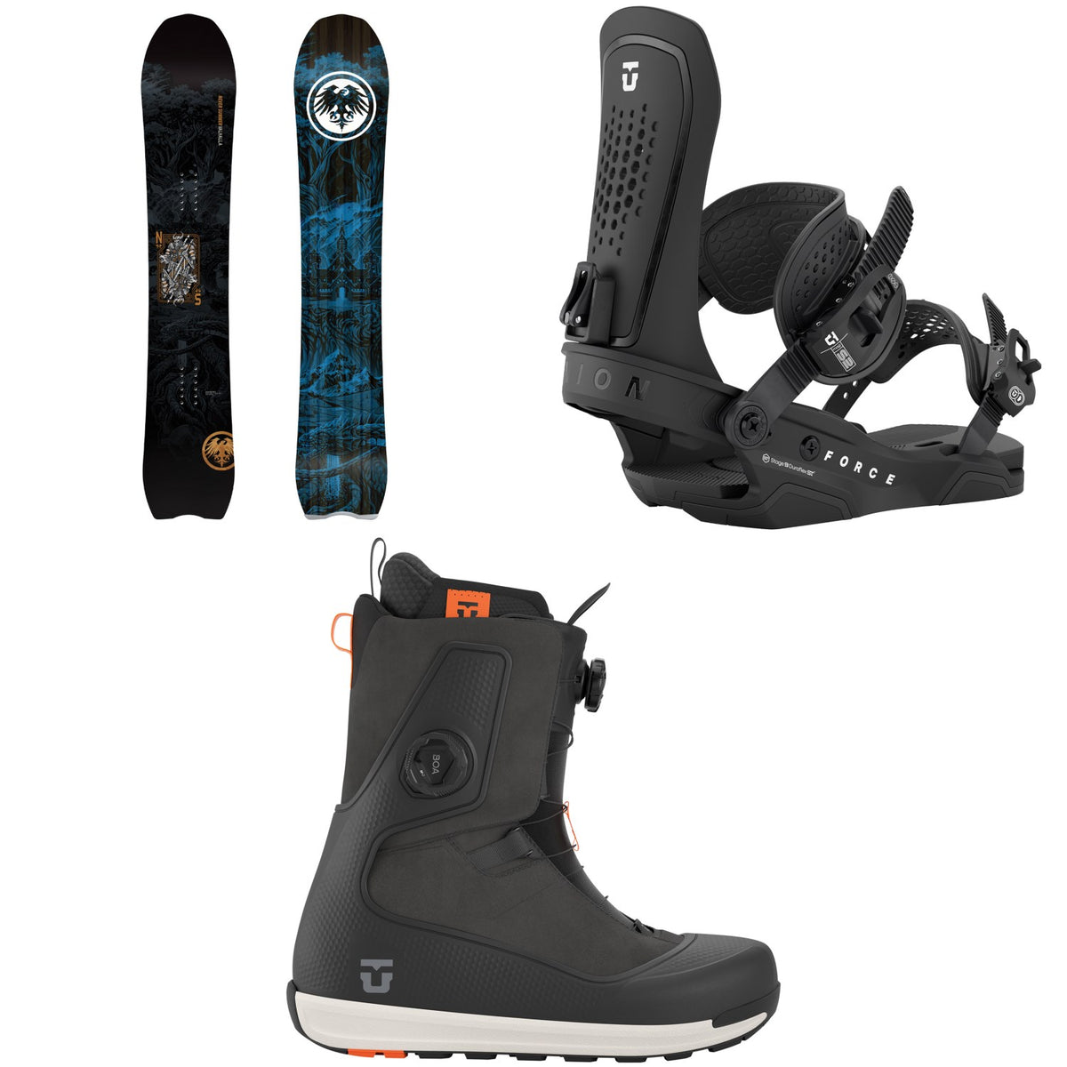 Never Summer Valhalla Snowboard + Union Force Snowboard Bindings + Reset Snowboard Boots 2027