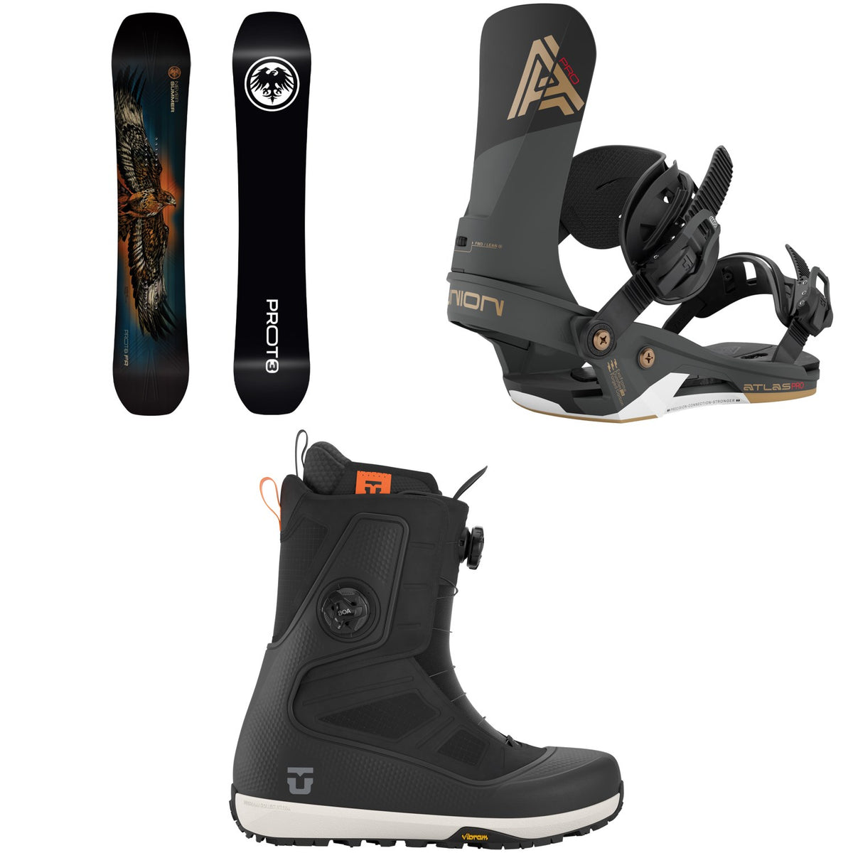 Never Summer Proto T3 FR Snowboard + Union Atlas Pro Snowboard Bindings + Reset Pro Snowboard Boots 2027