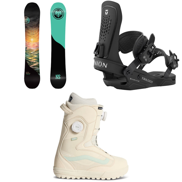 Never Summer Infinity Snowboard + Union Trilogy Snowboard Bindings + Vans Encore Pro 2.0 Snowboard Boots - Women's 2027