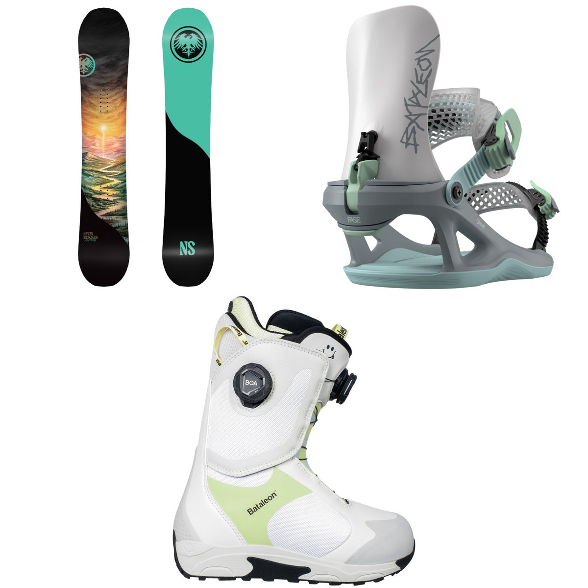 Never Summer Infinity Snowboard + Bataleon Ghost FASE Snowboard Bindings + Rave Double Boa Snowboard Boots - Women's 2027