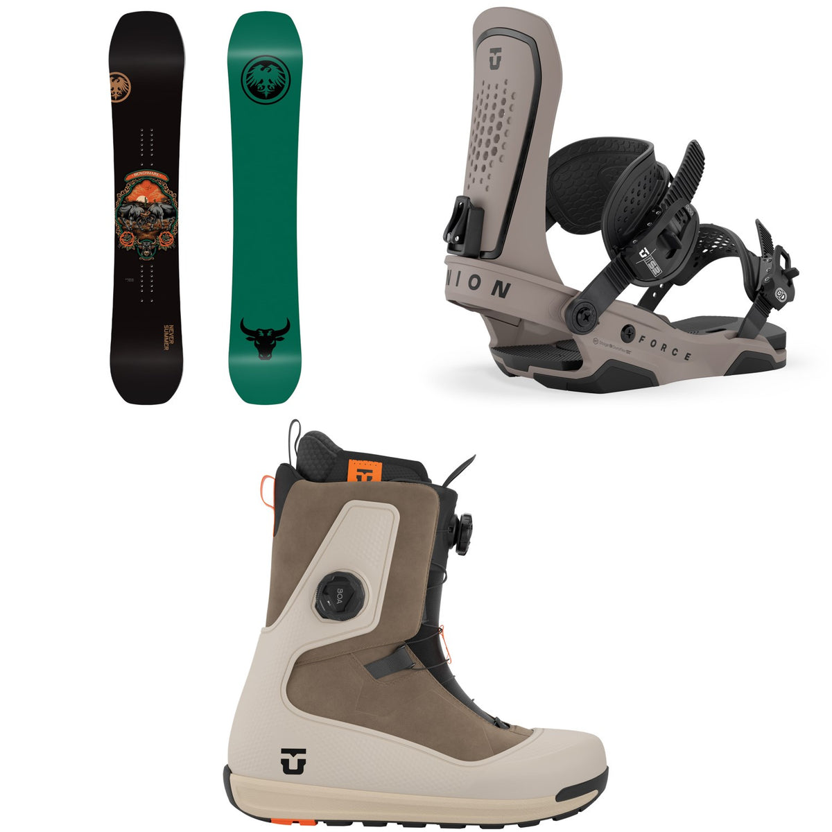 Never Summer Benchmark Snowboard + Union Force Snowboard Bindings + Reset Snowboard Boots 2027