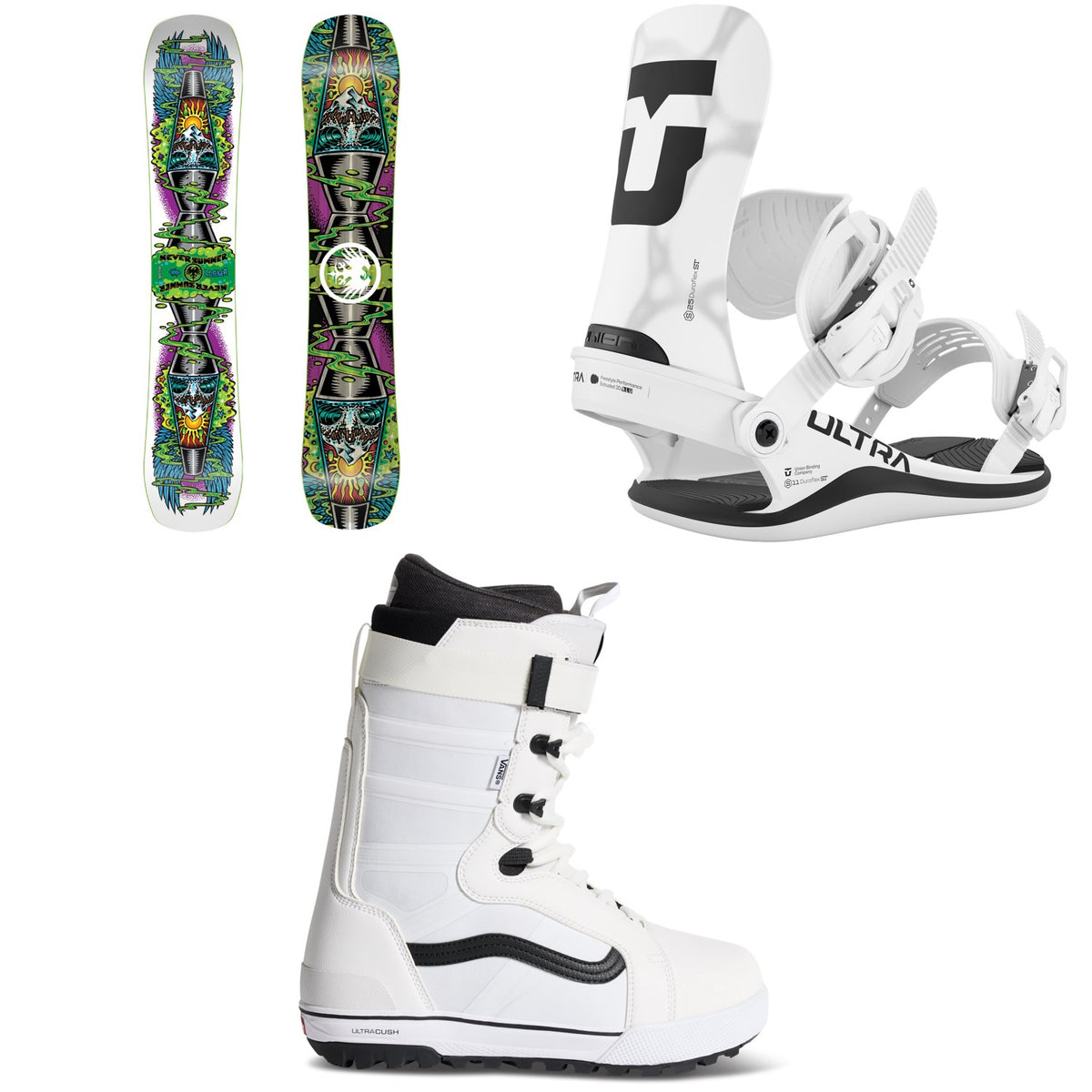 Never Summer Llama Snowboard + Union Ultra Snowboard Bindings + Vans Hi-Standard Pro Snowboard Boots
