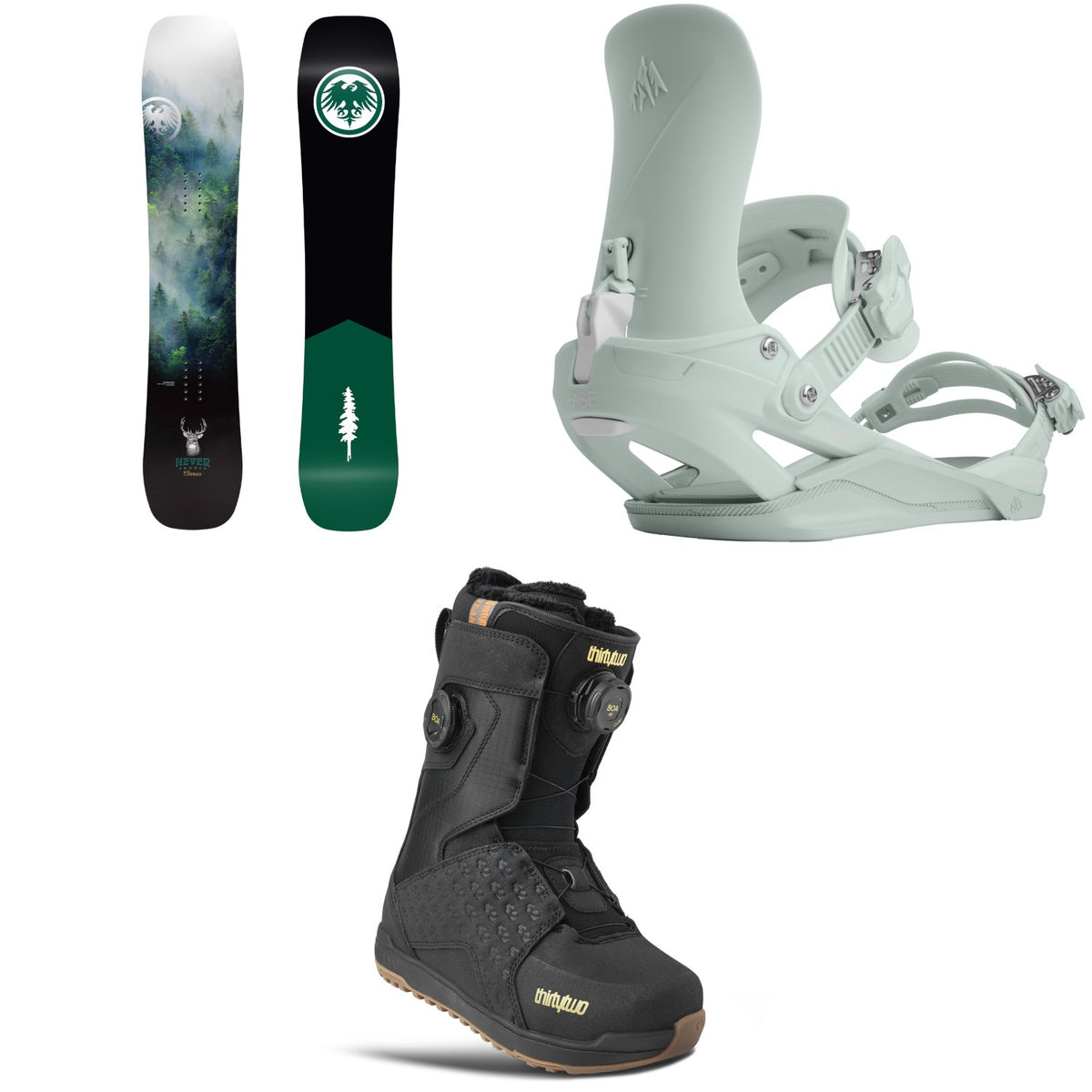 Never Summer Cirrus Snowboard + Jones Nebula FASE Snowboard Bindings + thirtytwo Lashed Double Boa Snowboard Boots - Women's 2027