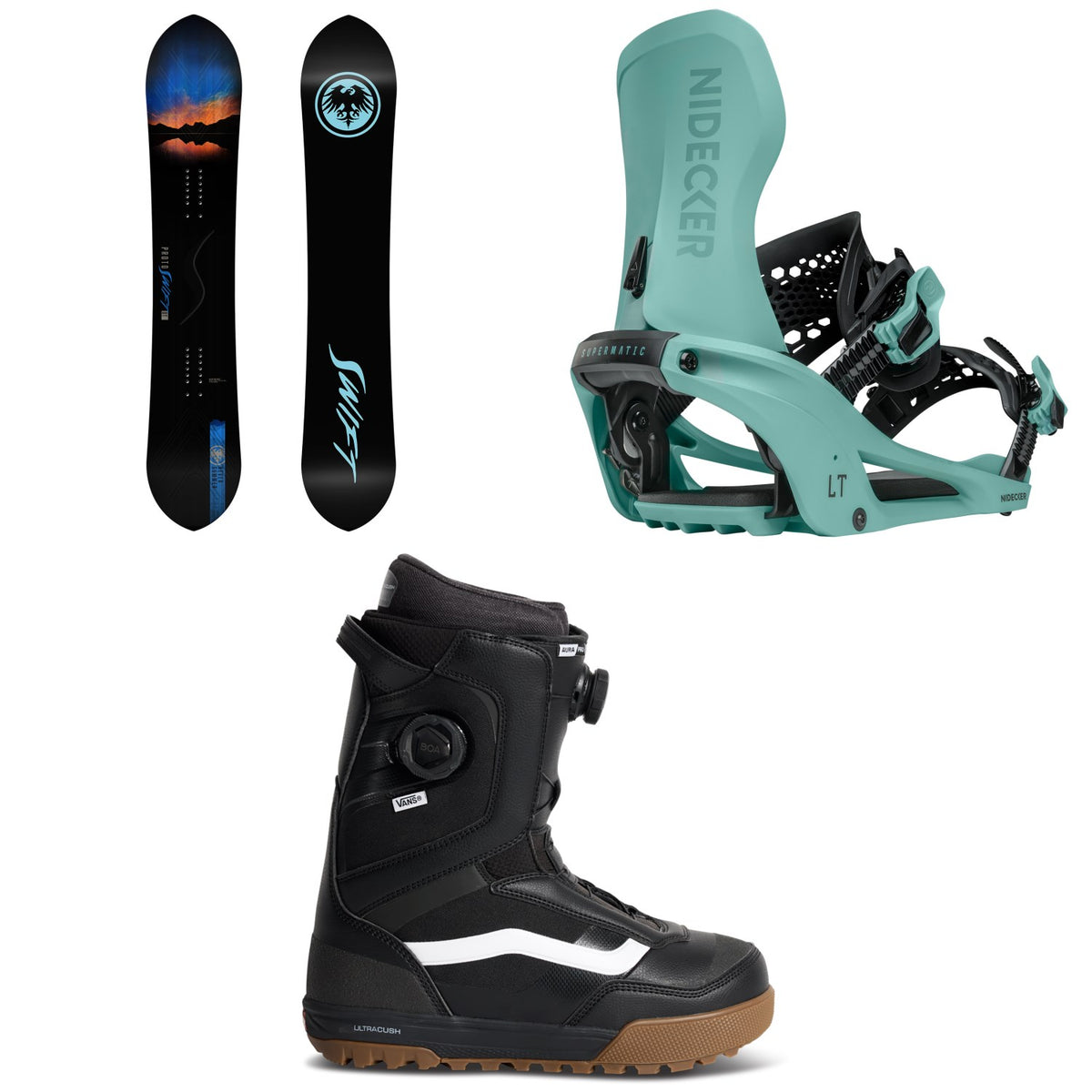 Never Summer Proto Swift DT Snowboard + Nidecker LT Supermatic Snowboard Bindings + Vans Aura Pro 2.0 Snowboard Boots 2027