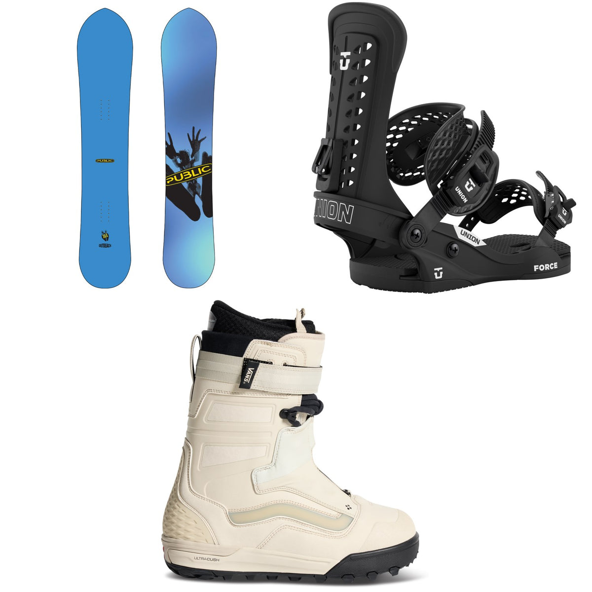 Public Snowboards Outreach Snowboard + Union Force Classic Snowboard Bindings + Vans Hi-Country Snowboard Boots 2027