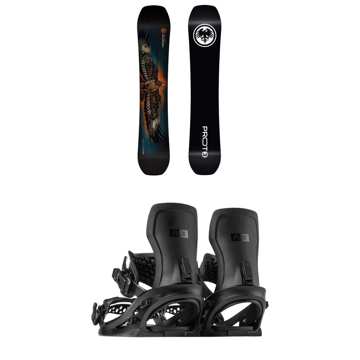 Never Summer Proto T3 FR Snowboard + Flux XF Snowboard Bindings 2027
