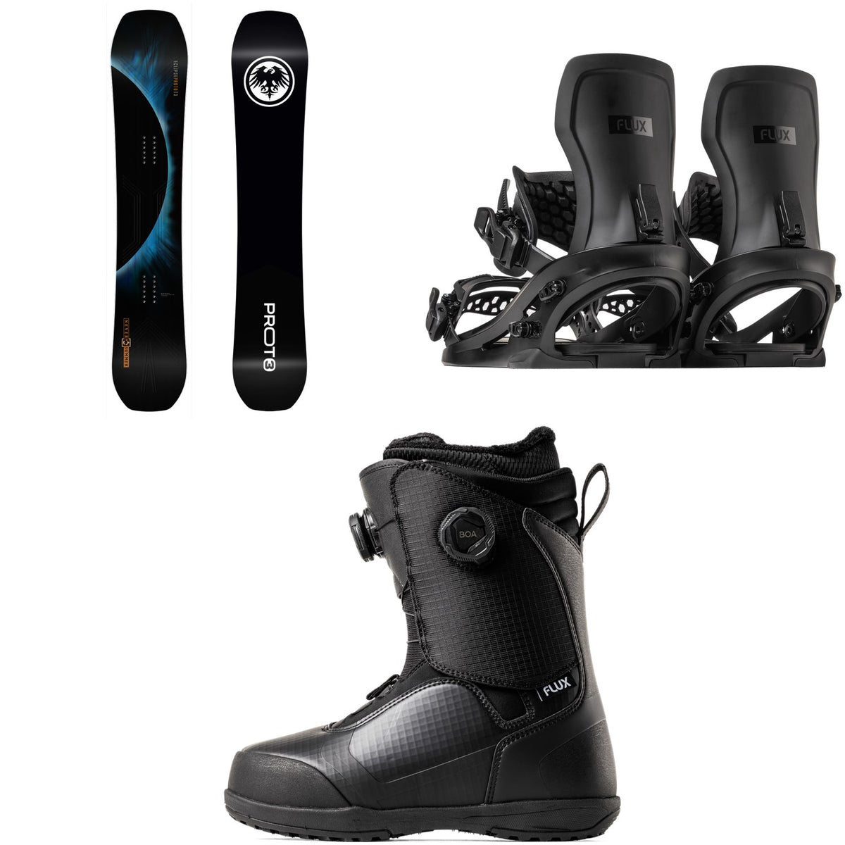 Never Summer Proto T3 Eclipse Snowboard + Flux XF Snowboard Bindings + LB Boa Snowboard Boots 2027