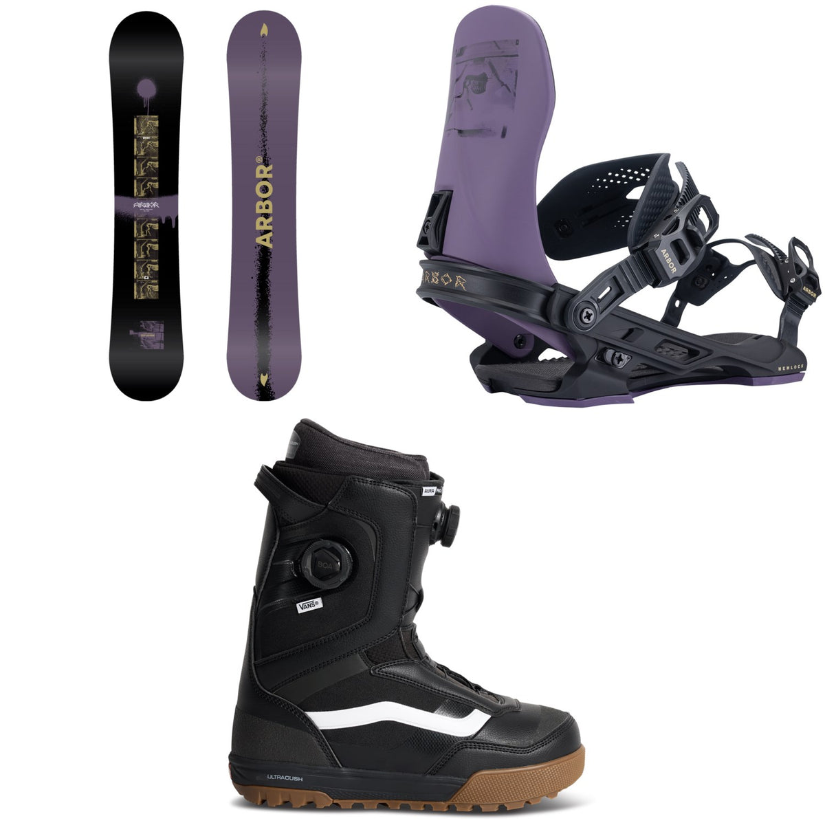 Arbor Metal Machine Snowboard + Hemlock Snowboard Bindings + Vans Aura Pro 2.0 Snowboard Boots 2027