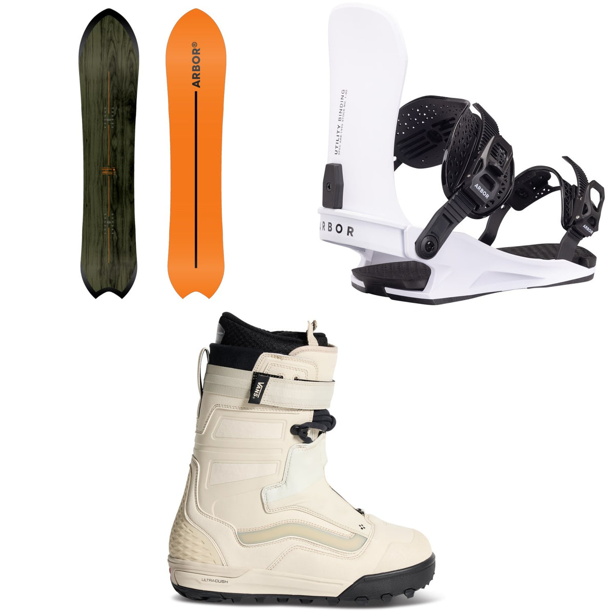 Arbor Rooster Fish Snowboard + Utility Snowboard Bindings + Vans Hi-Country Snowboard Boots 2027