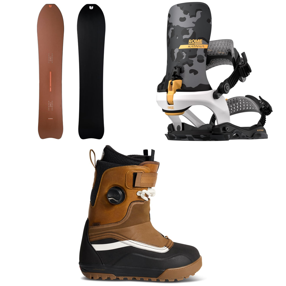 United Shapes Deep Reach Snowboard + Rome Katana AW FASE LTD Snowboard Bindings + Vans Infuse Sideline Snowboard Boots 2027