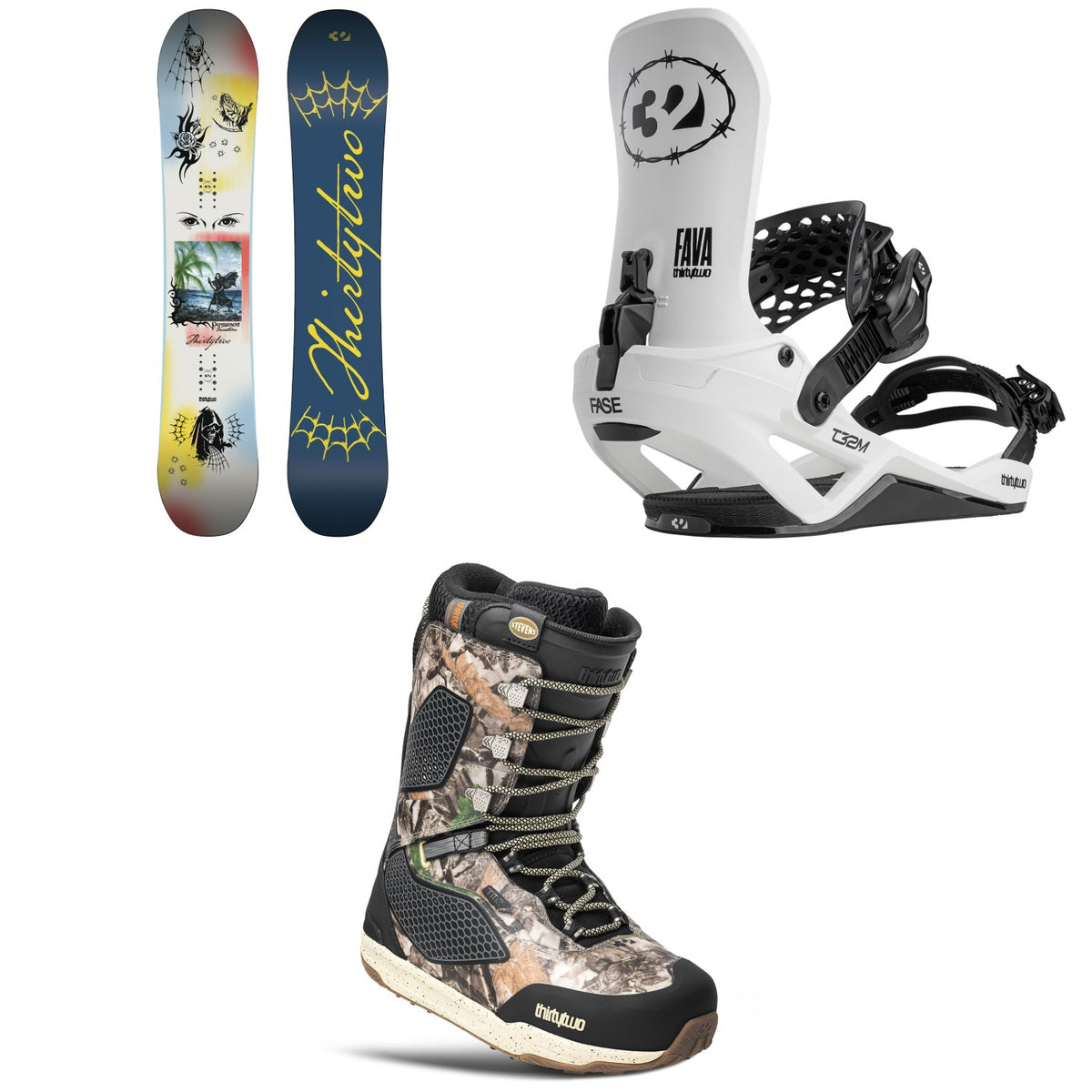thirtytwo Permanent Vacation Snowboard + T32M FASE Snowboard Bindings + TM-2 Stevens Snowboard Boots 2027