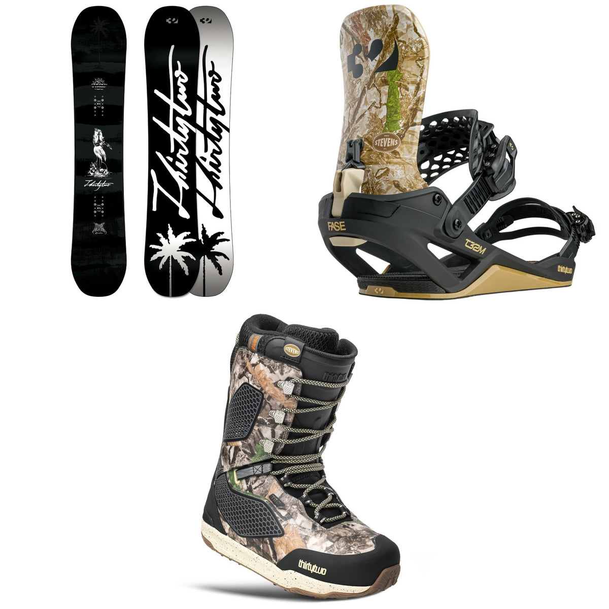 thirtytwo Permanent Vacation Carbon Snowboard + T32M FASE Snowboard Bindings + TM-2 Stevens Snowboard Boots 2027
