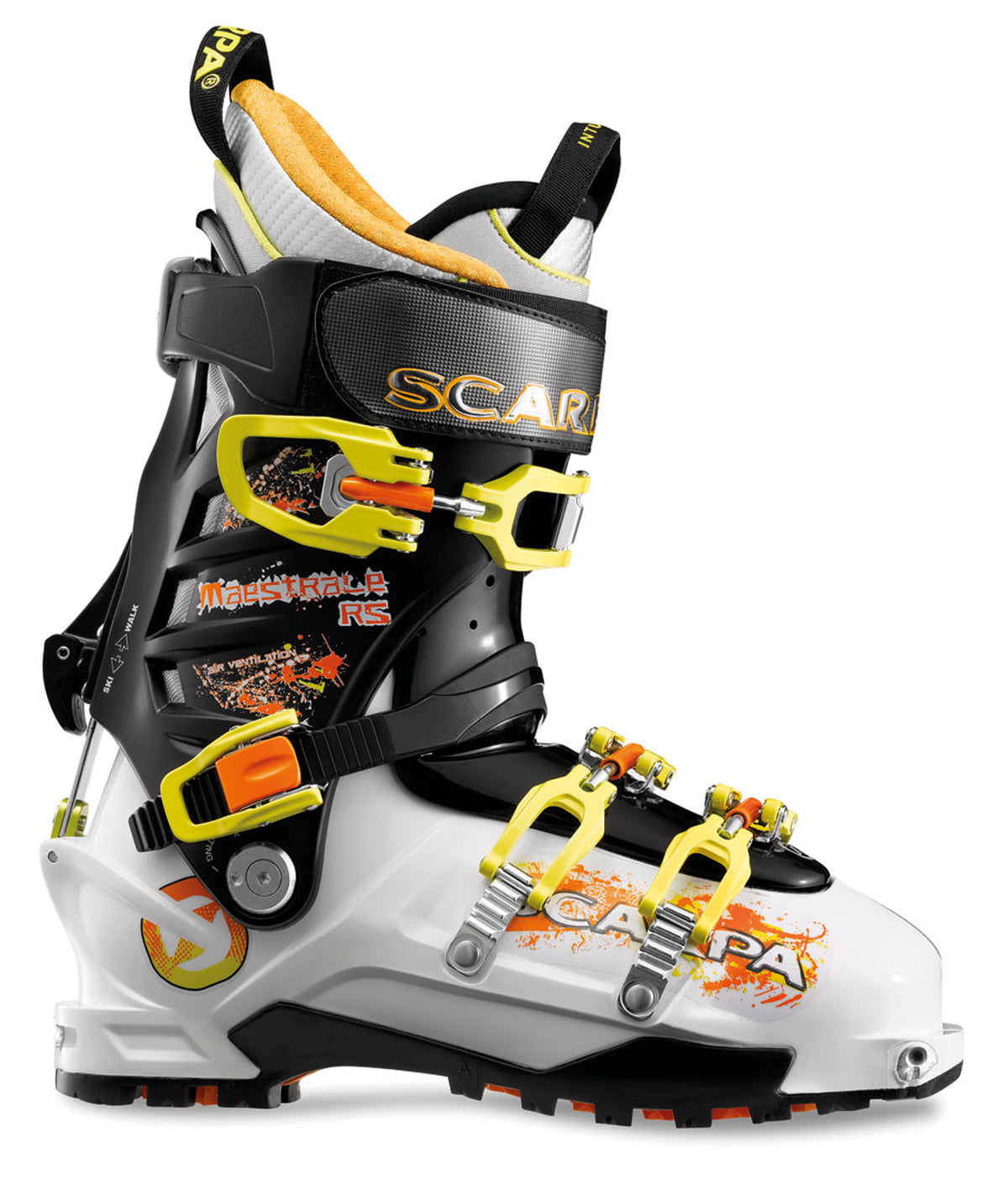 Scarpa Maestrale RS Alpine Touring Ski Boots 2014 White/Black/Yellow Side View