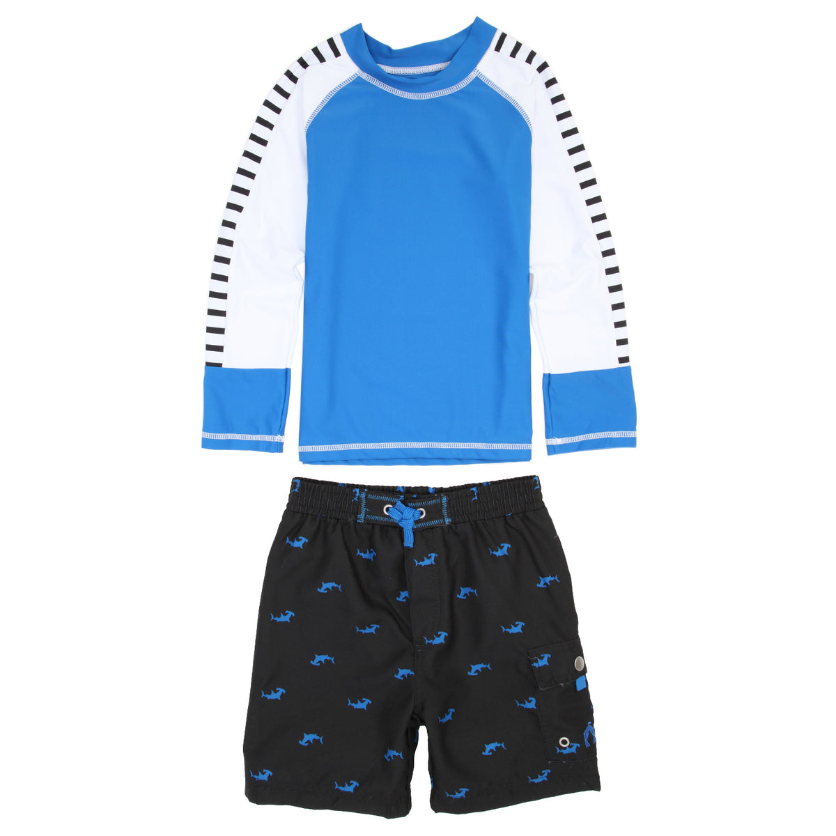 Cabana Life Hammer Head Swim Shorts + Rashguard Set (Ages 4-7) - Little Boys' Blue/Black Stripe
