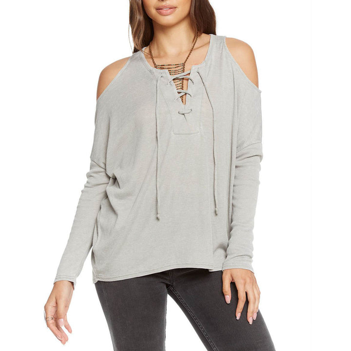 Chaser Vintage Rib Lace Front Cold Shoulder Dolman Top - Women's Moon