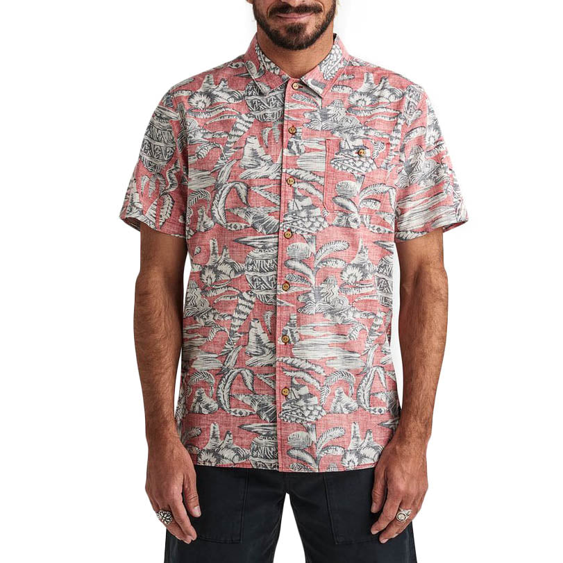 Roark Misty Morning Woven Short-Sleeve Shirt Coral