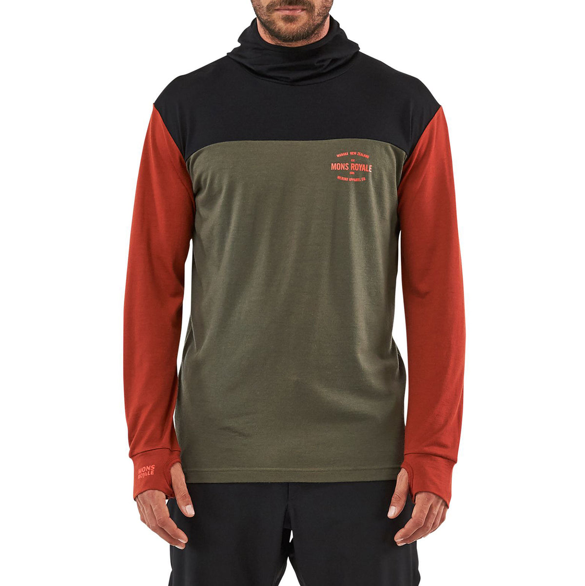 MONS ROYALE Yotei Powder Hood Long-Sleeve Top Olive/Clay/Black