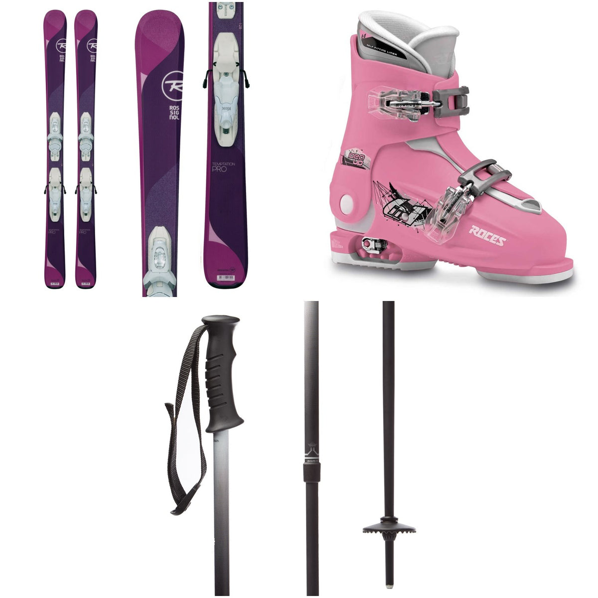 Rossignol Temptation Pro Skis + Kid X 4 Bindings - Girls' + Roces Idea Adjustable Alpine Ski Boots (19-22) - Kids' + evo Lil Send'r Adjustable Ski Poles - Little Kids'