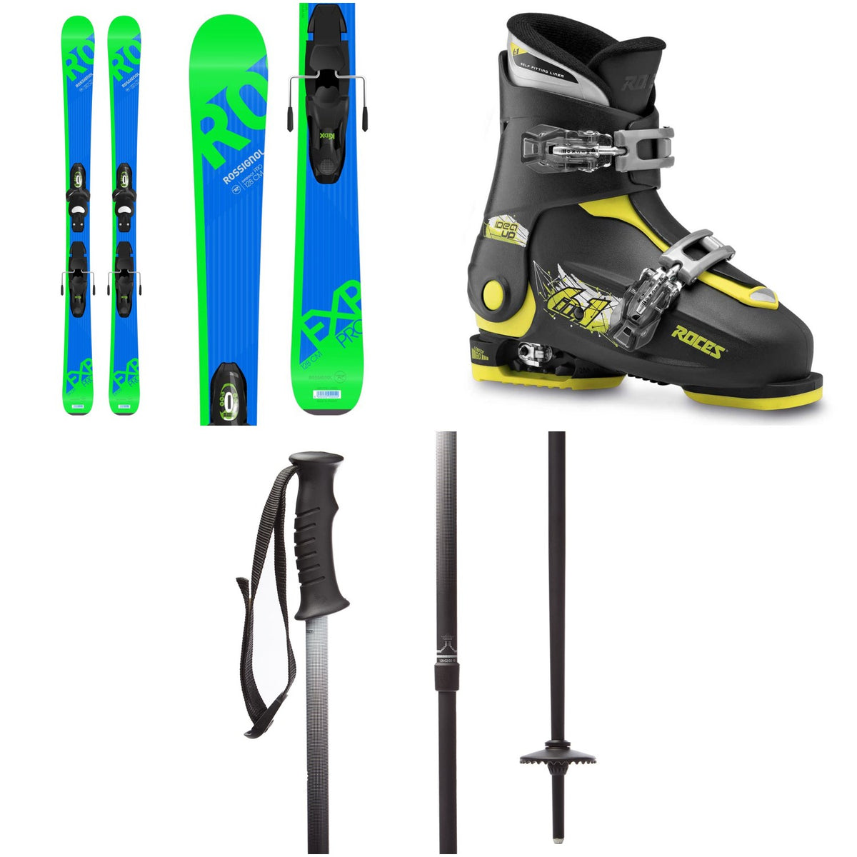 Rossignol Experience Pro Skis + Kid X 4 Bindings - Boys' + Roces Idea Adjustable Alpine Ski Boots (19-22) - Kids' + evo Lil Send'r Adjustable Ski Poles - Little Kids'