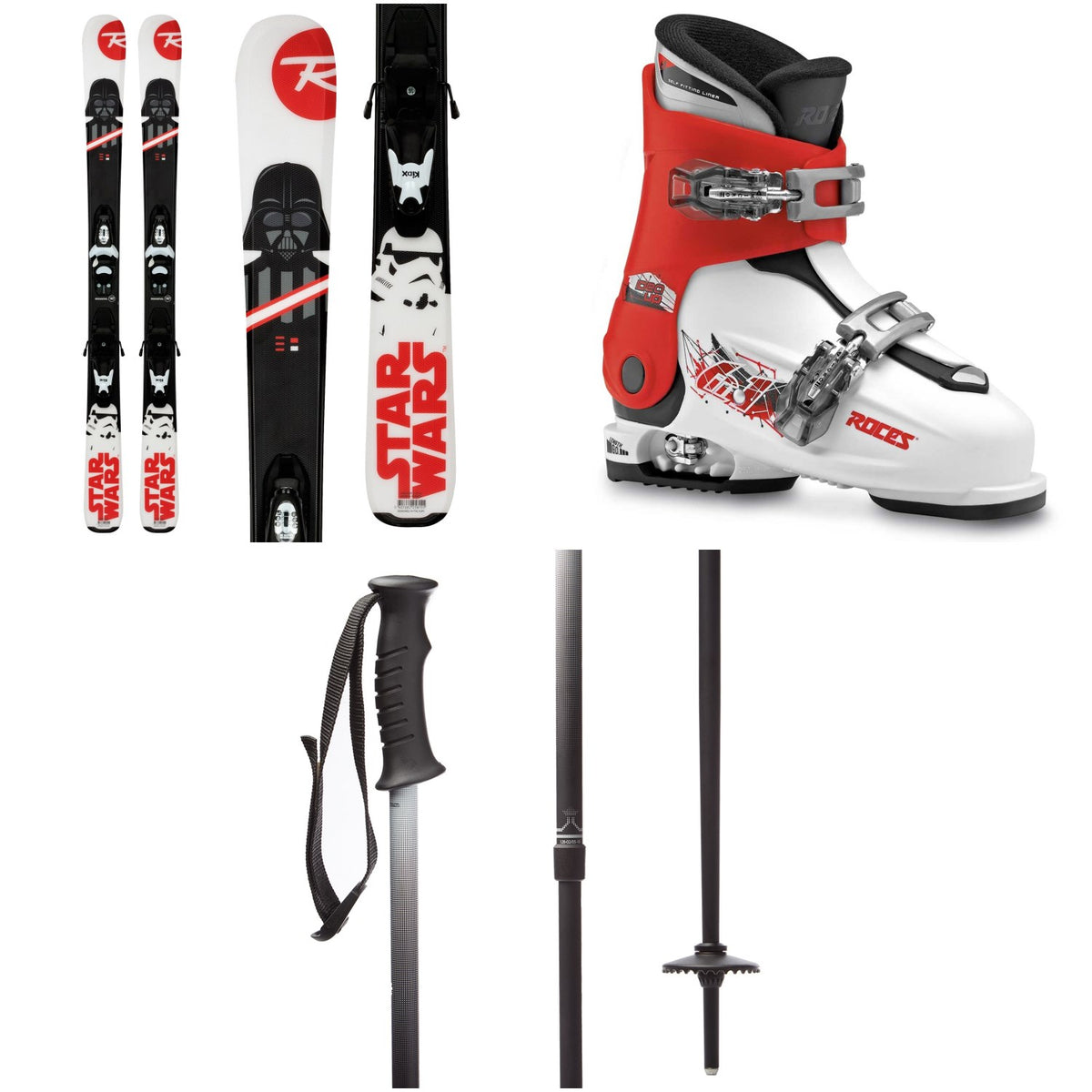 Rossignol Star Wars Skis + Kid-X 4 Bindings - Kids' + Roces Idea Adjustable Alpine Ski Boots (19-22) - Kids' + evo Lil Send'r Adjustable Ski Poles - Little Kids'