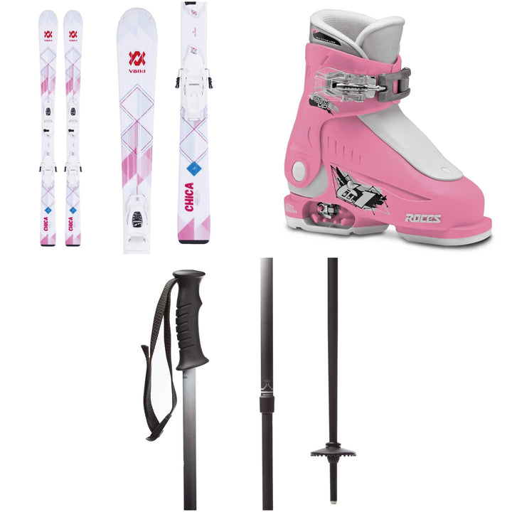 Volkl Chica Skis + 4.5 VMotion Jr Bindings - Little Girls' 2018 + Roces Idea Adjustable Alpine Ski Boots (16.0-18.5) - Little Kids' 2019 + evo Lil Send'r Adjustable Ski Poles - Little Kids'