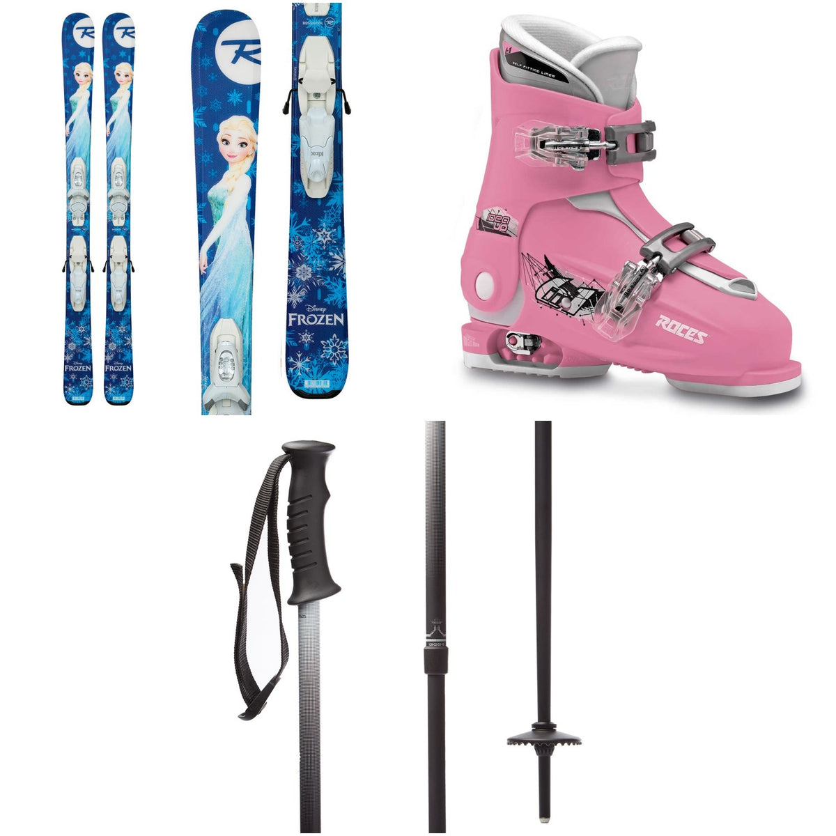 Rossignol Frozen Skis + Kid-X 4 Bindings - Girls' + Roces Idea Adjustable Alpine Ski Boots (19-22) - Kids' + evo Lil Send'r Adjustable Ski Poles - Little Kids'