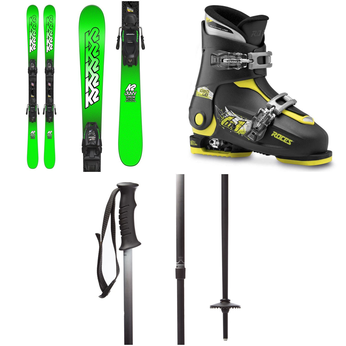 K2 Juvy Skis + Marker FDT 4.5 Bindings - Little Boys'  + Roces Idea Adjustable Alpine Ski Boots (19-22) - Kids' + evo Lil Send'r Adjustable Ski Poles - Little Kids'