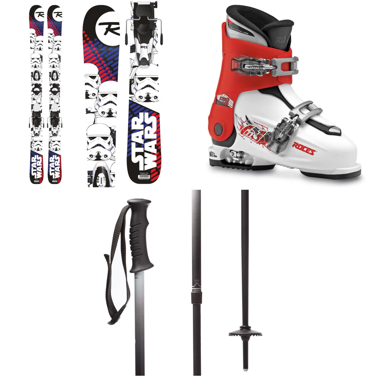 Rossignol Star Wars Skis + Kid-X4 Bindings - Kids' + Roces Idea Adjustable Alpine Ski Boots (19-22) - Kids' + evo Lil Send'r Adjustable Ski Poles - Little Kids'