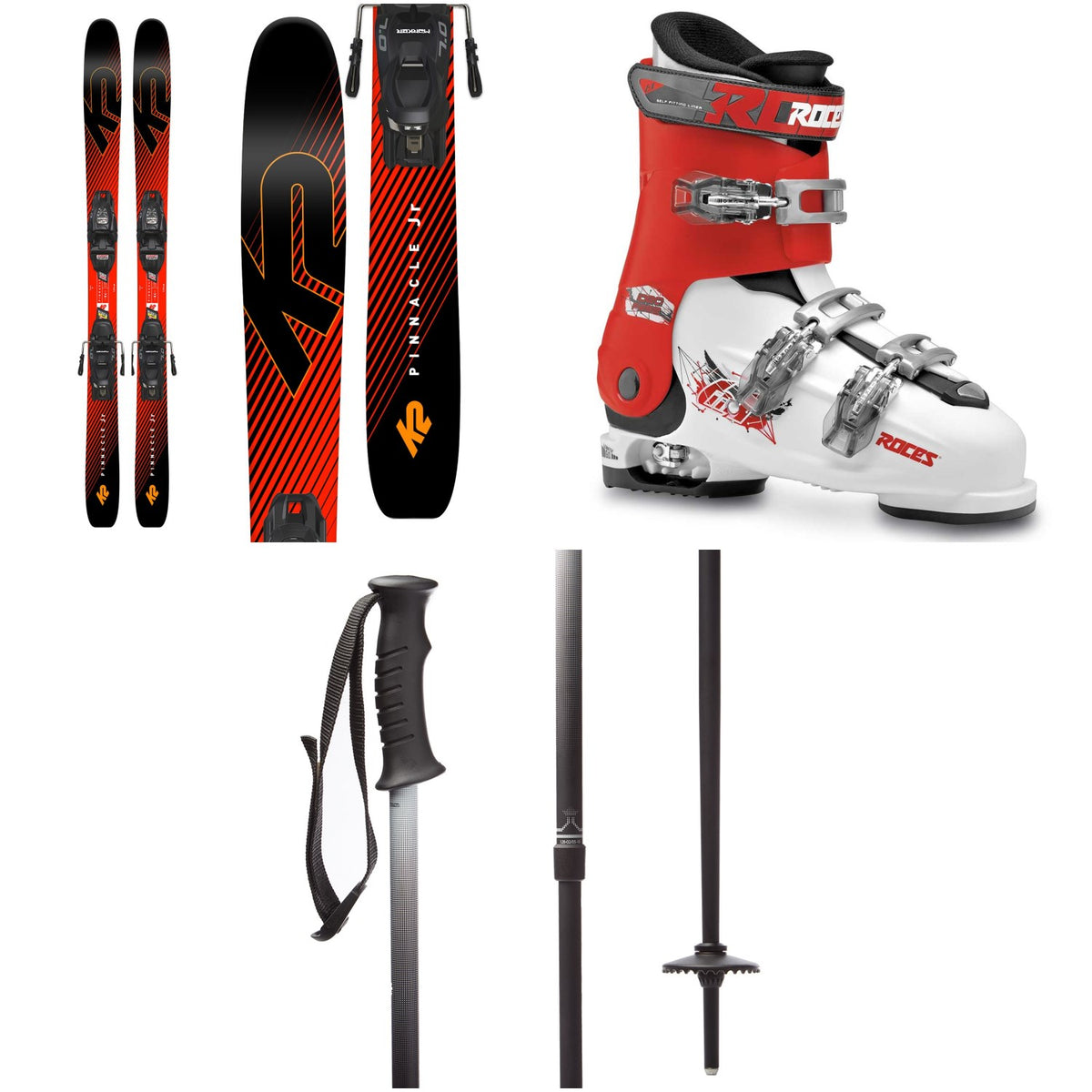 K2 Pinnacle Jr Skis + Marker FDT 7.0 Bindings - Boys' + Roces Idea Free Adjustable Alpine Ski Boots (22.5-25.5) - Kids' + evo Lil Send'r Adjustable Ski Poles - Little Kids'