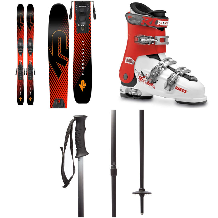 K2 Pinnacle Jr Skis + Marker FDT 7.0 Bindings - Boys' + Roces Idea Free Adjustable Alpine Ski Boots (22.5-25.5) - Kids' + evo Lil Send'r Adjustable Ski Poles - Little Kids'