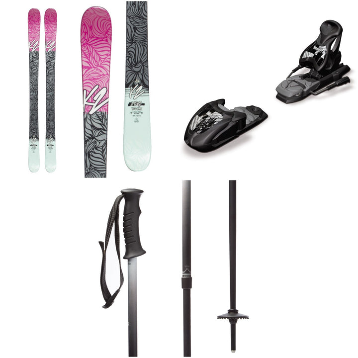 K2 Missy Skis - Girls' + Marker M7.0 Free Ski Bindings - Big Kids' + evo Lil Send'r Adjustable Ski Poles - Little Kids'