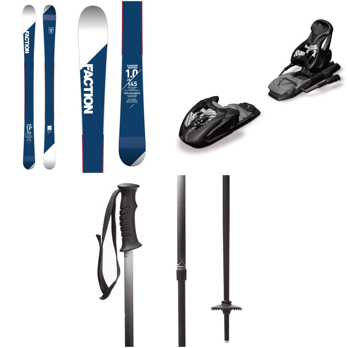 Faction Candide 1.0 Jr. Skis - Boys' + Marker M7.0 Free Ski Bindings - Big Kids' + evo Lil Send'r Adjustable Ski Poles - Little Kids'