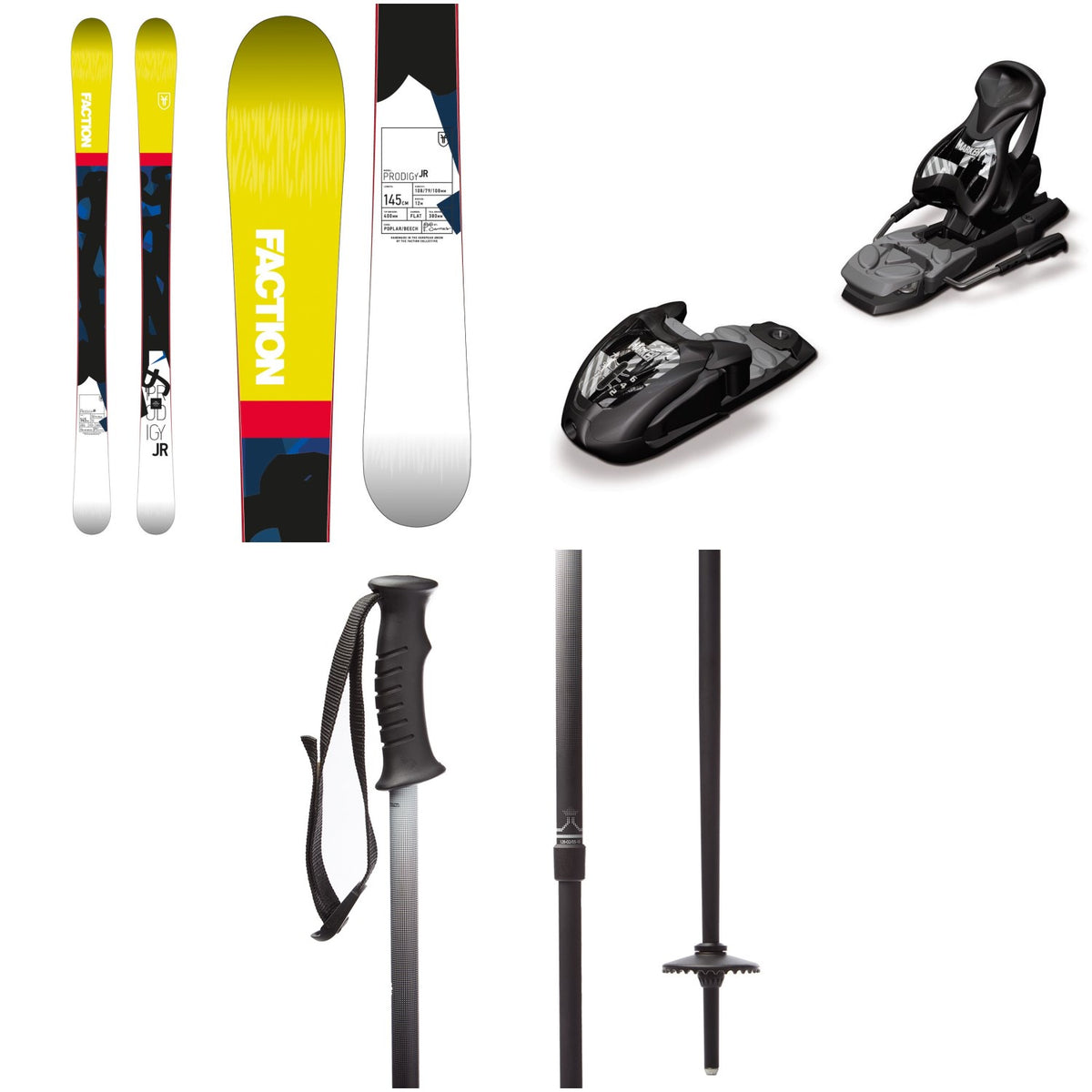 Faction Prodigy Jr. Skis - Boys' + Marker M7.0 Free Ski Bindings - Big Kids' + evo Lil Send'r Adjustable Ski Poles - Little Kids'