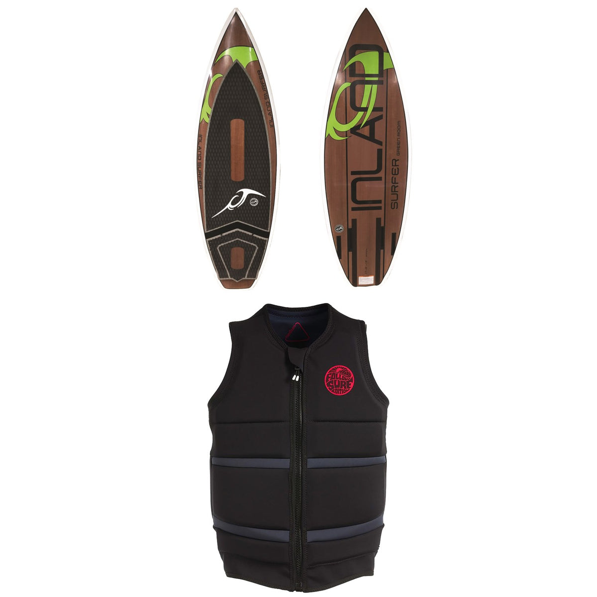 Inland Surfer Green Room Wakesurf Board + Follow Surf Edition Wake Vest 2019