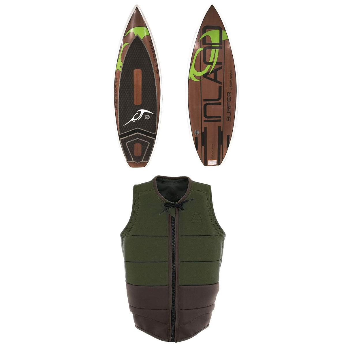 Inland Surfer Green Room Wakesurf Board 2019 + Follow Tye Wake Vest 2019