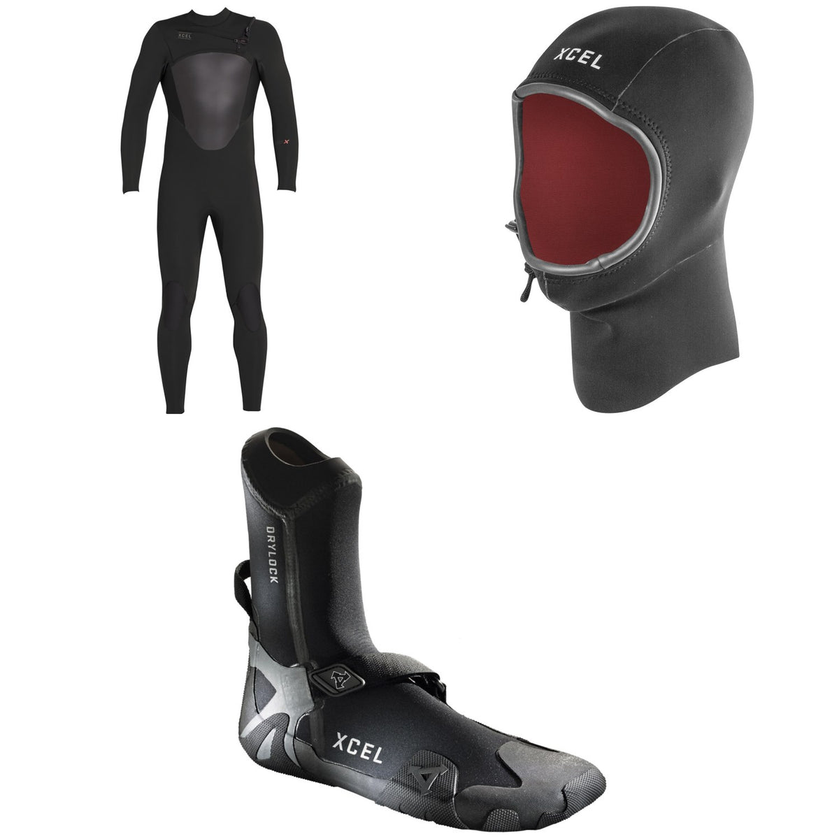 XCEL 4/3 Axis X Wetsuit + XCEL 2mm Infiniti Comp Thermo Lite Hood + XCEL 3mm Drylock Celliant Round Toe Boots