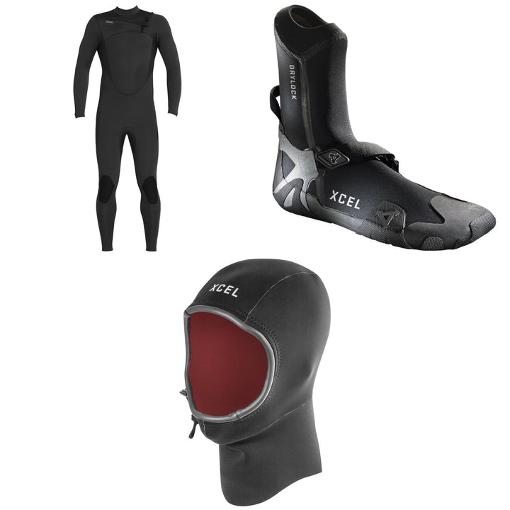 XCEL 4/3 Comp Thermo Lite Wetsuit + XCEL 3mm Drylock Celliant Round Toe Boots + XCEL 2mm Infiniti Comp Thermo Lite Hood
