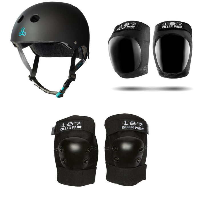 Triple 8 The Certified Sweatsaver Skateboard Helmet + 187 Pro Skateboard Knee Pads + 187 Pro Skateboard Elbow Pads