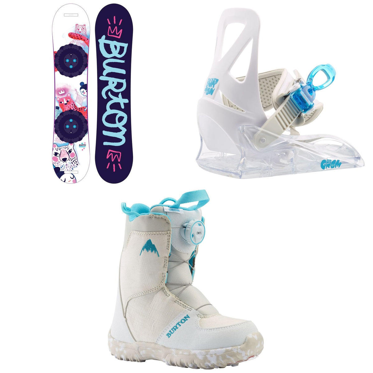 Burton Chicklet Snowboard - Girls' + Grom Snowboard Bindings - Little Kids' + Grom Boa Snowboard Boots 2021