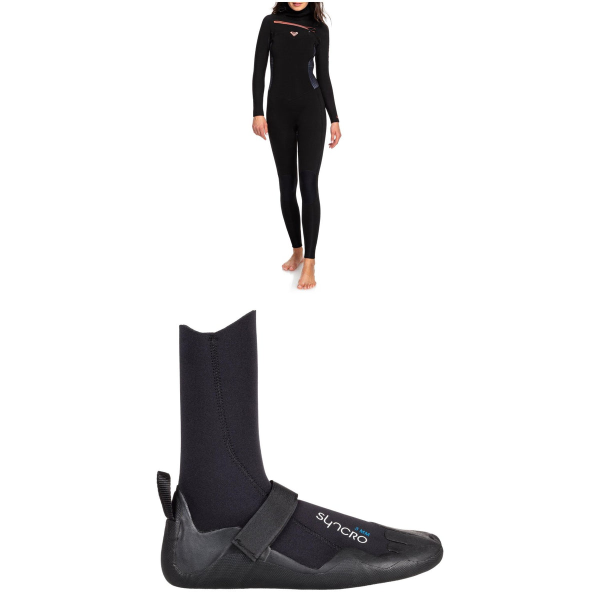 Roxy 5/4/3 Syncro Chest Zip GBS Hooded Wetsuit - Women's + Roxy Syncro 5mm Round Toe Wetsuit Boots - Women's