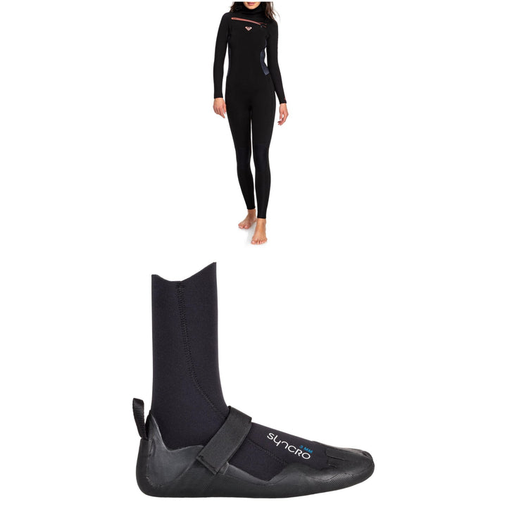 Roxy 5/4/3 Syncro Chest Zip GBS Hooded Wetsuit - Women's + Roxy Syncro 5mm Round Toe Wetsuit Boots - Women's
