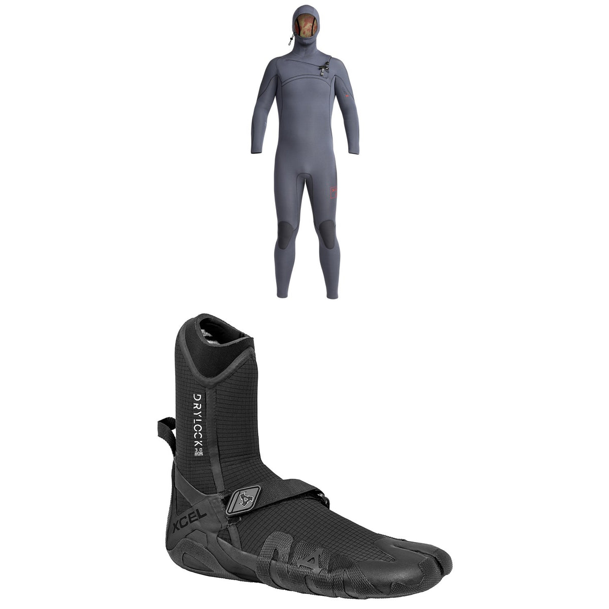 XCEL 4.5/3.5 Comp X Hooded Wetsuit + XCEL 3mm Drylock Split Toe Wetsuit Boots