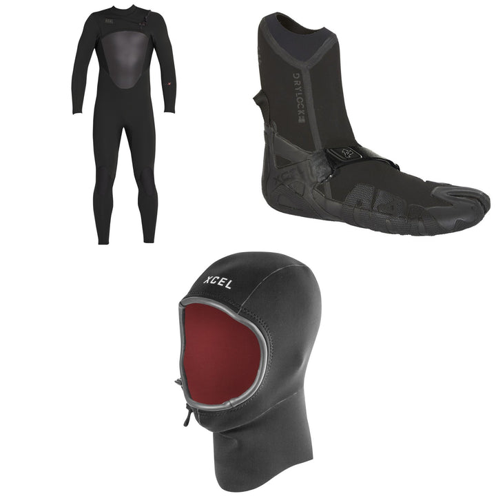 XCEL 4/3 Axis X Wetsuit + 3mm Drylock Split Toe Boots + 2mm Infiniti Comp Thermo Lite Hood