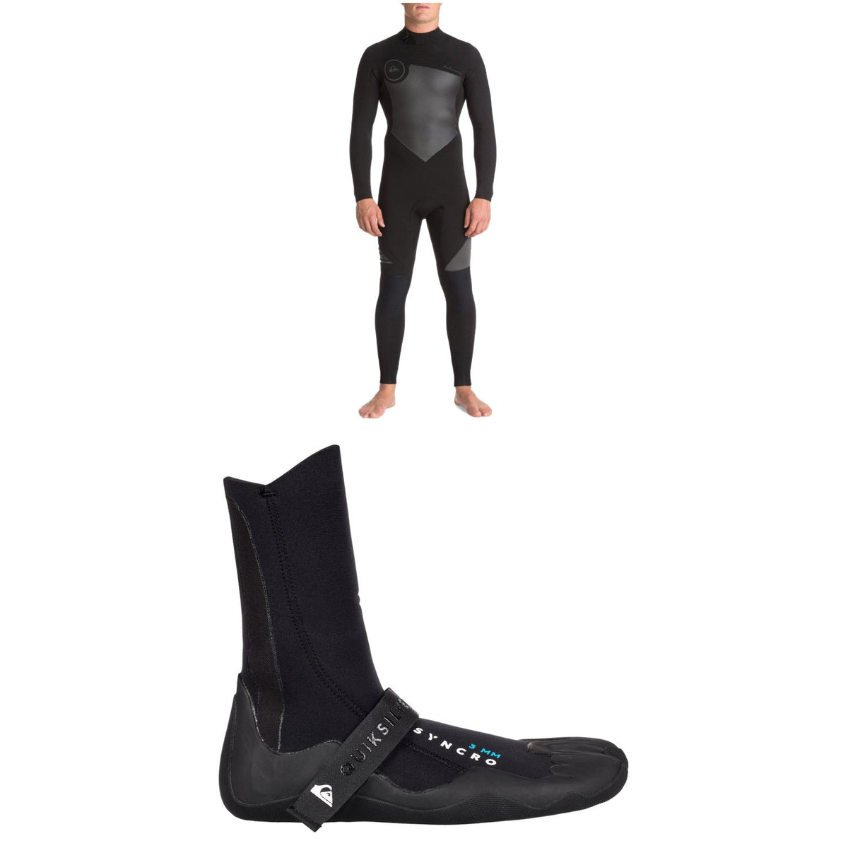 Quiksilver 4/3 Syncro Back Zip GBS Wetsuit + Quiksilver 3mm Syncro Split Toe Wetsuit Booties