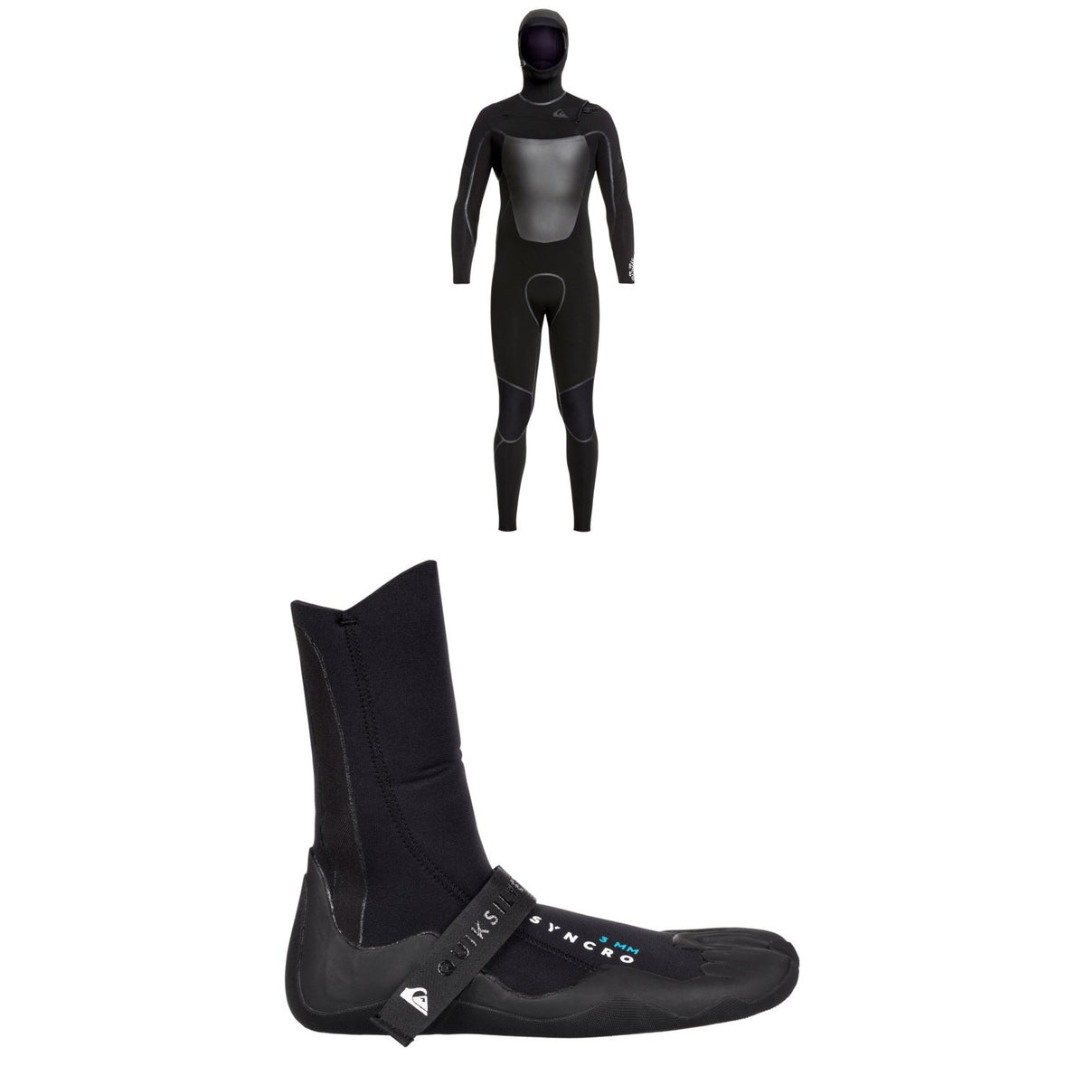 Quiksilver 4/3 Syncro+ Chest Zip LFS Hooded Wetsuit + Quiksilver Syncro 3mm Split Toe Wetsuit Boots