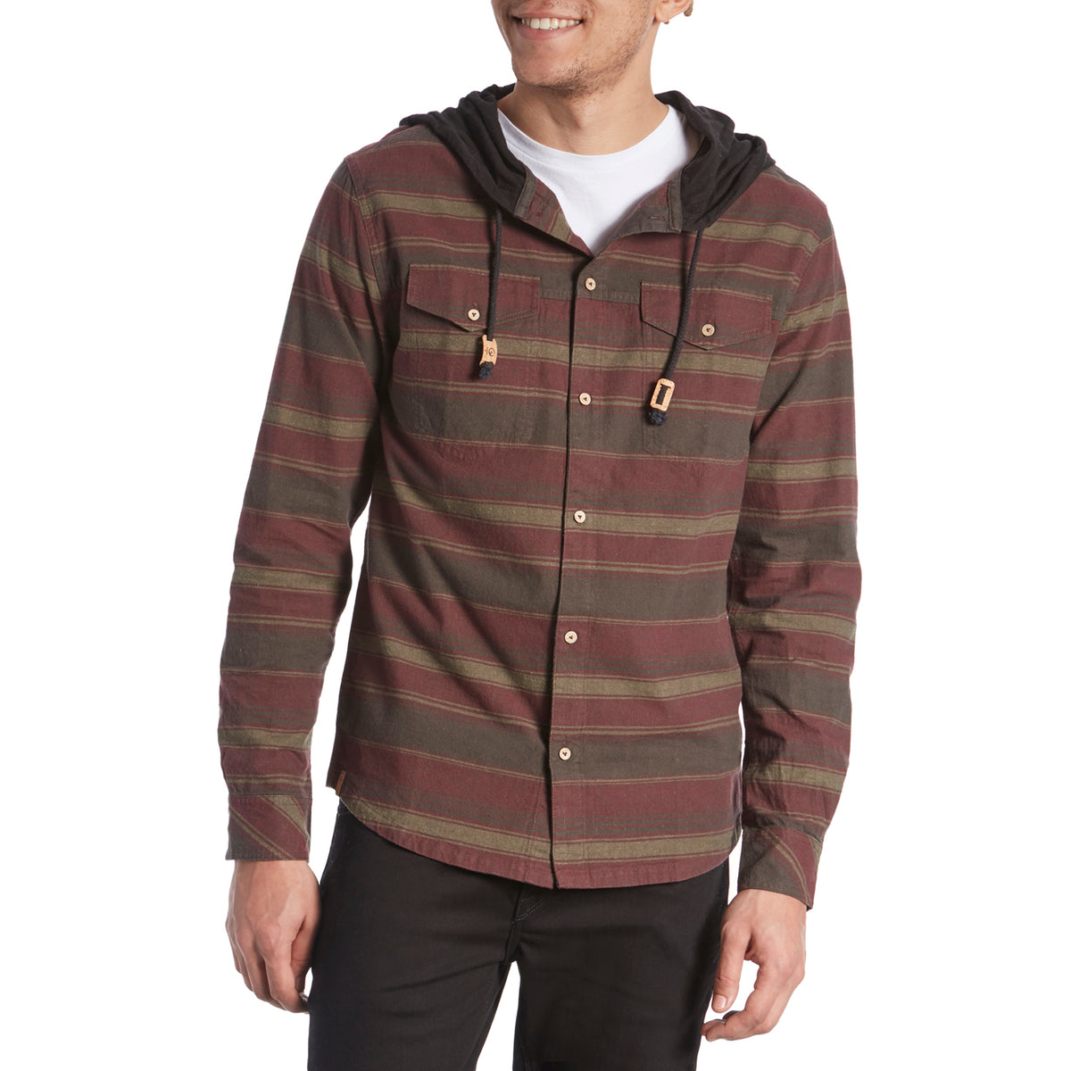 Tentree Fraser Button-Up Hoodie Fraser Stripe Red Mahogany