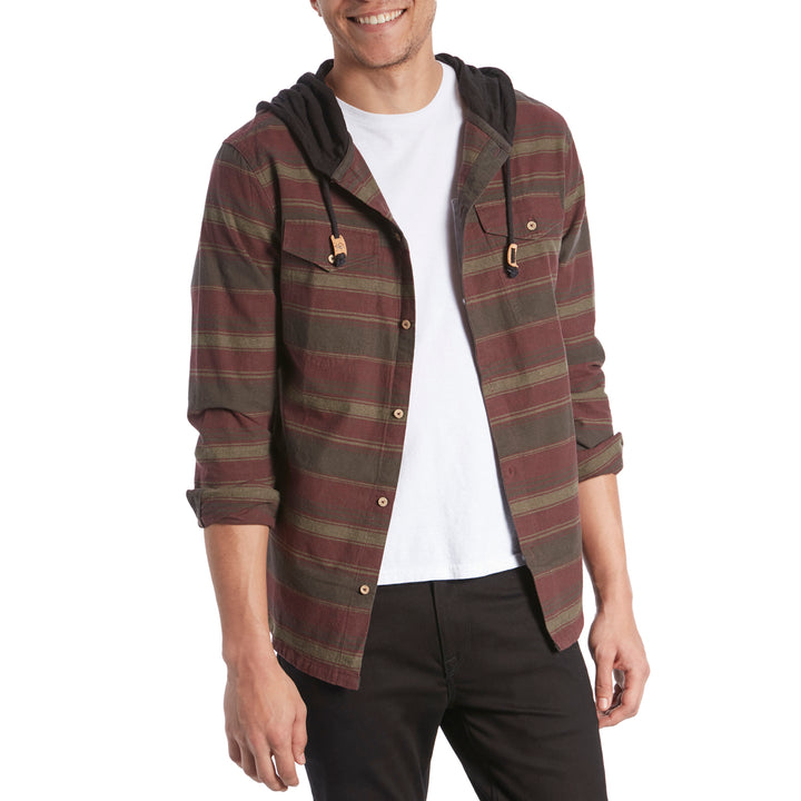 Tentree Fraser Button-Up Hoodie Fraser Stripe Red Mahogany