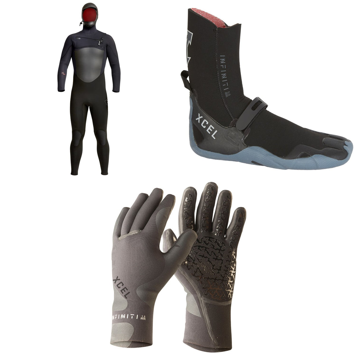 XCEL 5/4 Infiniti Hooded Wetsuit + Infiniti 5mm Round Toe Wetsuit Boots + Infiniti 5-Finger 3mm Wetsuit Gloves