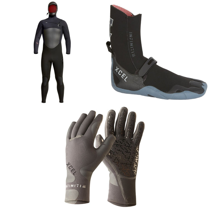 XCEL 5/4 Infiniti Hooded Wetsuit + Infiniti 5mm Round Toe Wetsuit Boots + Infiniti 5-Finger 3mm Wetsuit Gloves
